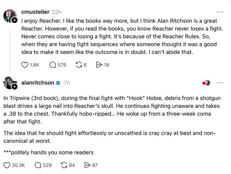 Alan Ritchson responde a fã de Reacher sobre cenas de luta com exemplo dos livros