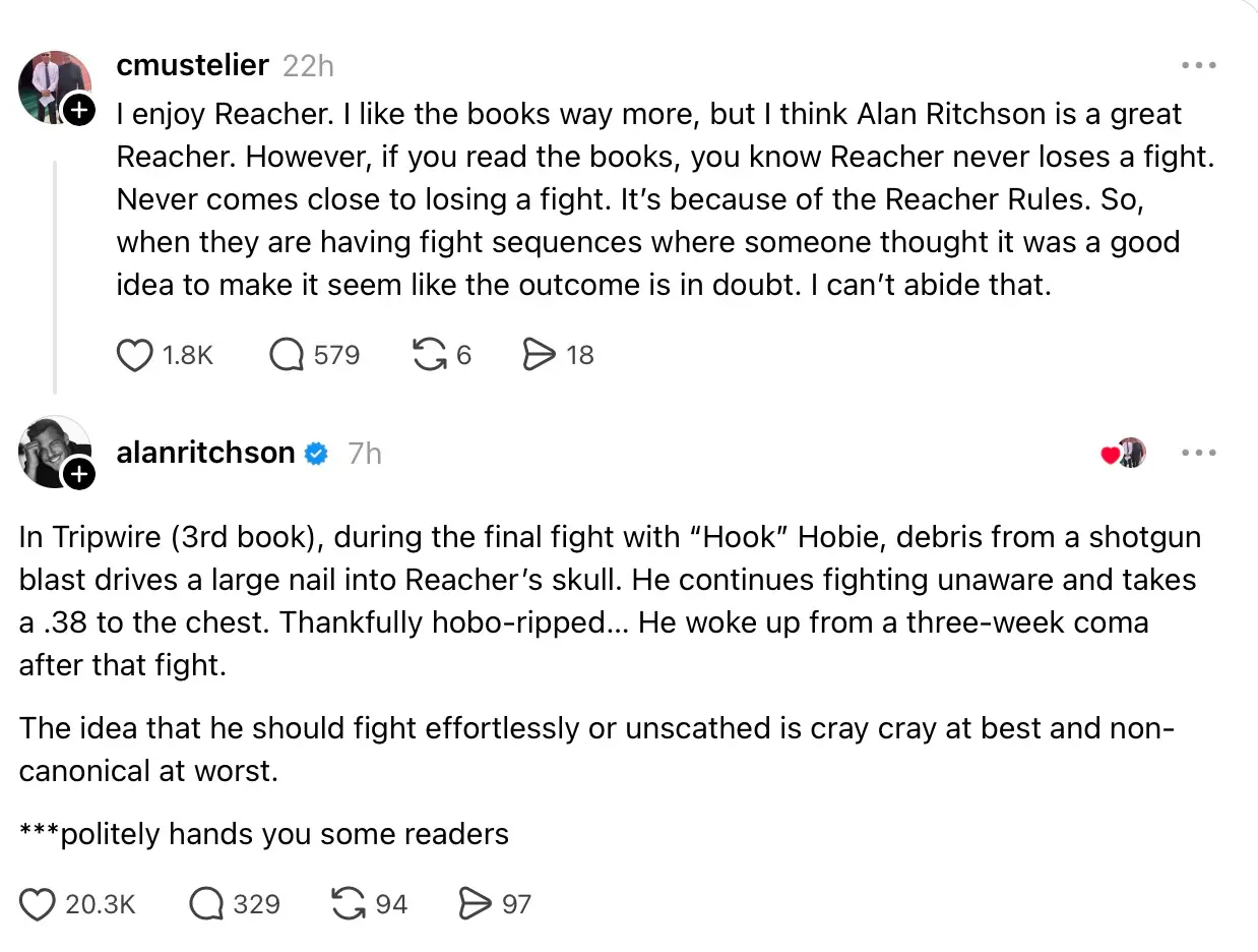 Alan Ritchson responde a fã de Reacher sobre cenas de luta com exemplo dos livros