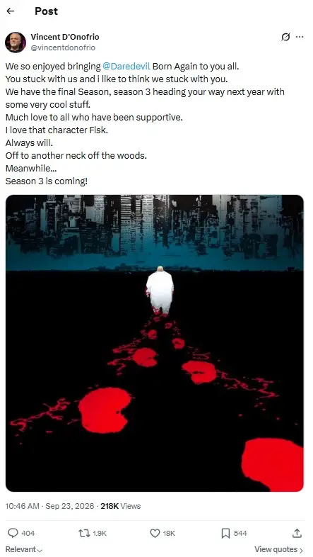 Marvel confirma encerramento de Daredevil: Born Again após três temporadas; ator Vincent D’Onofrio se pronuncia